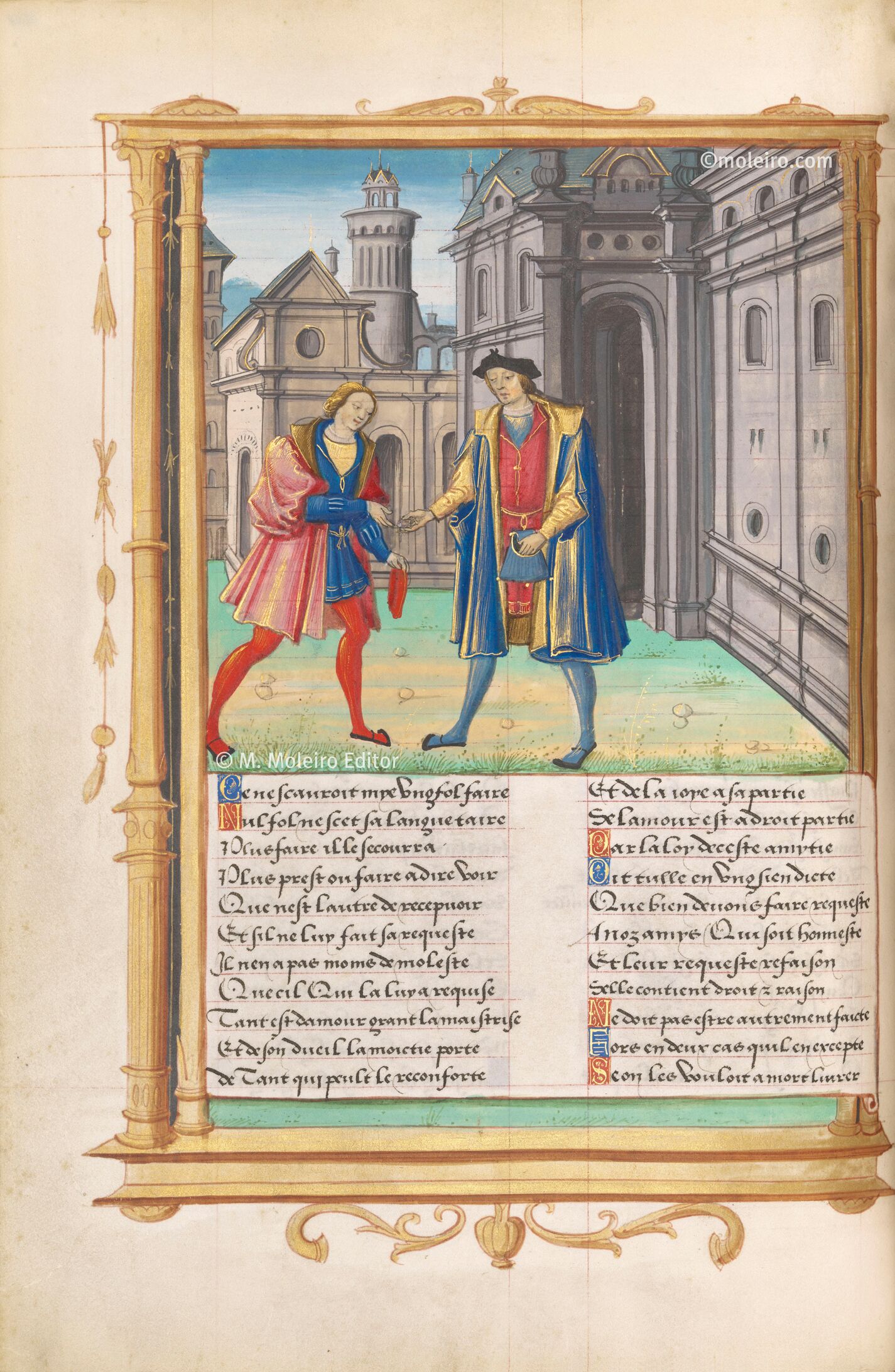 Le Roman de la Rose de Franois I Ami donne de l'argent  l'amant, f. 50v